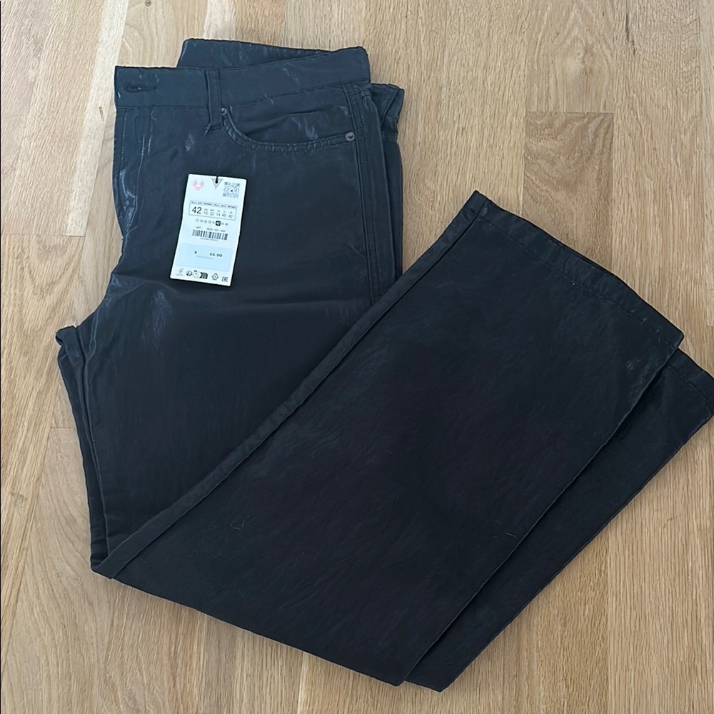 Zara high sheen black jeans pants sz 42 NWT